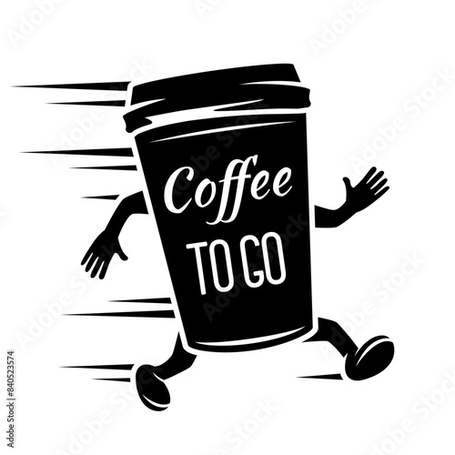 Coffee to go vector illustration. Coffee take away emblem for cafe advertising. Hot drink vintage banner with walking cartoon character and creative lettering. Coffee to go emblem design.