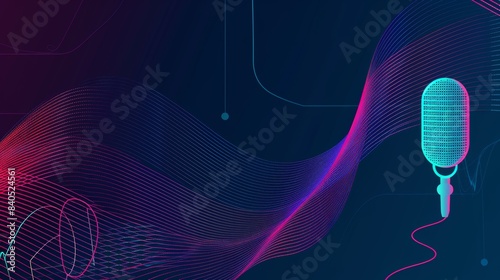 AI assistant voice concept. Microphone voice control, sound recognition. Modern sound wave. High tech AI assistant voice, background wave flow, equalizer. Modern illustration.