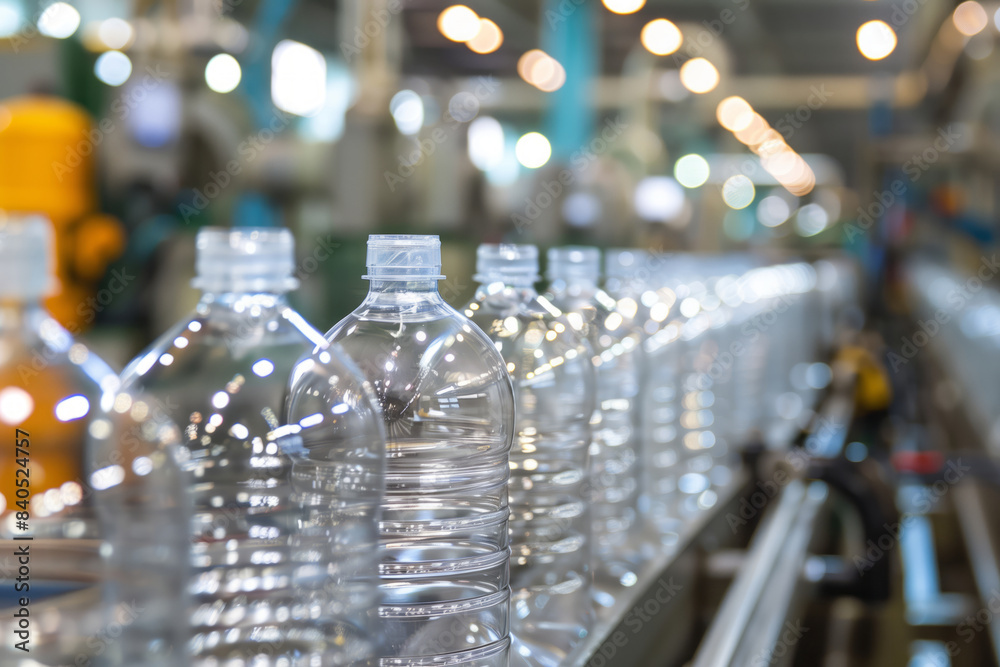 Production line with plastic bottles being manufactured in a factory. Industrial production and automation process. Shallow depth of field Production line with plastic bottles being manufactured in a factory. Industrial production and automation process. Shallow depth of field