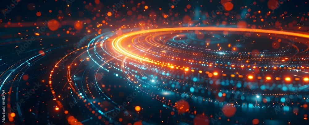 Abstract background with blue neon light circles and orange glowing data particles on a dark black digital technology backdrop for presentation Abstract background with blue neon light circles and orange glowing data particles on a dark black digital technology backdrop for presentation