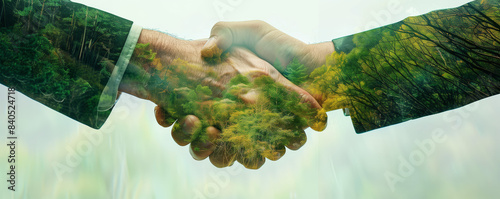 A double exposure image depicting a handshake overlaid with a lush green forest, symbolizing the union between business and nature in promoting sustainable practices.