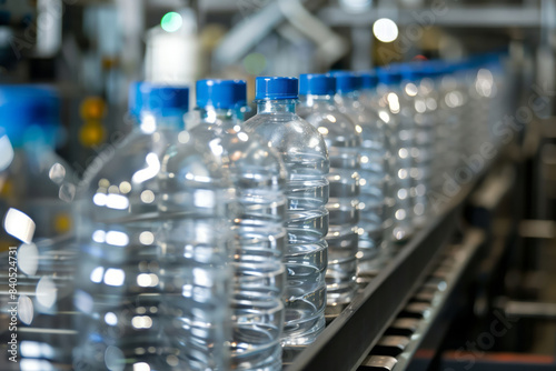 Production line with plastic bottles being manufactured in a factory. Industrial production and automation process. Shallow depth of field