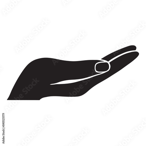 Silhouette of hand holding for help and money in black isolated on white background. Hand drawn vector line art illustration in doodle icon style. Concept of charity, peace, growth.