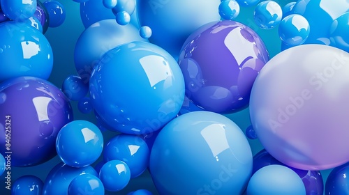 3D rendering of a blue and purple glossy spheres of different sizes on a blue background.