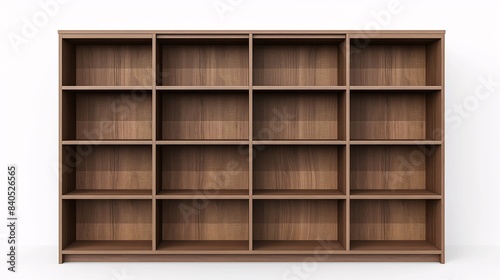 Large empty wooden bookshelf with multiple compartments. Perfect for home or office storage, organization, and display. photo