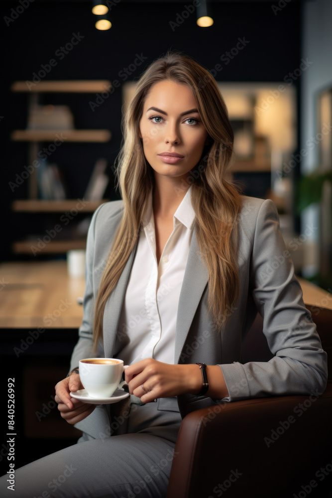 Elegant woman holding coffee in upscale setting. Elegant woman holding coffee in upscale setting.