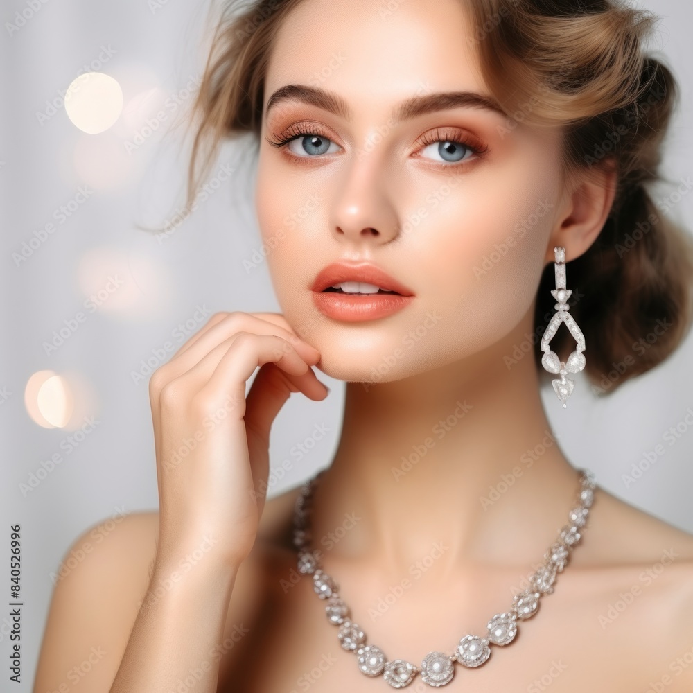 Necklaces. Caucasian woman with luxury necklaces and earrings with gemstones, diamonds isolated on a bokeh background with copy space. Close-up woman wearing beautiful luxury necklace. luxury jewelry.