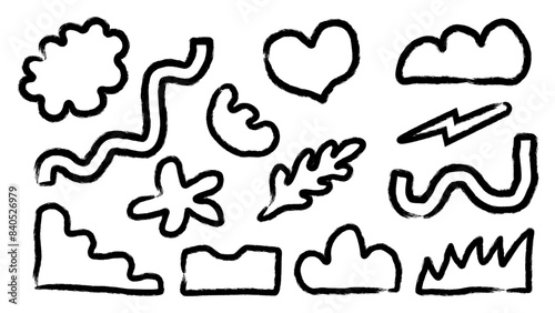 Charcoal doodle objects and hand-drawn shapes collection. Hand-drawn abstract scribbles crayon. Doodle charcoal geometric collage irregularly creative various shapes. Texture.