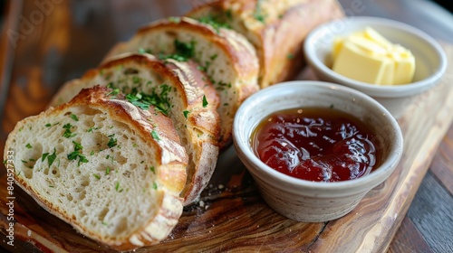 Artisan bread with fresh herbs, served with butter and preserves