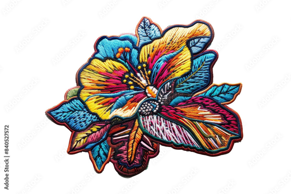 Naklejka premium Colorful embroidered flower patch with intricate details and vibrant hues, perfect for fashion, DIY projects, and textile embellishments.