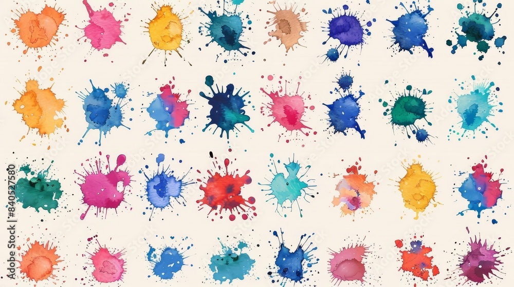 Painting blots, paint drops, and splashes isolated on white background. Paint splatter, stains set, composition, color splashes and drip designs. Modern grunge set.