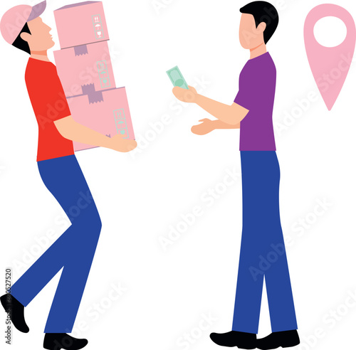 Boy receiving carton from delivery boy.