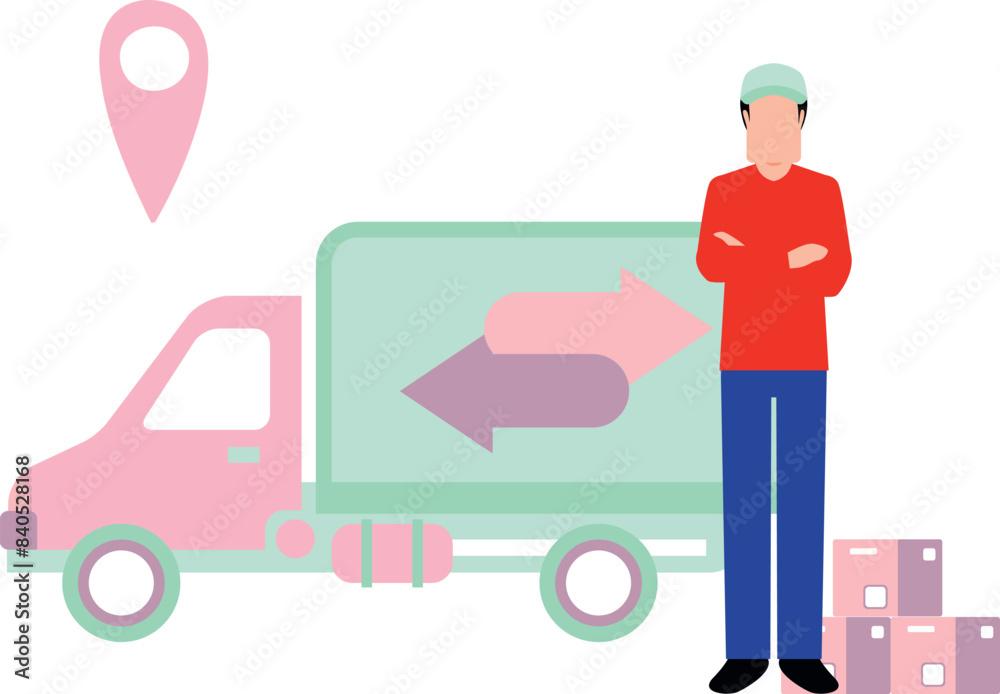 The boy is standing next to the delivery truck. The boy is standing next to the delivery truck.