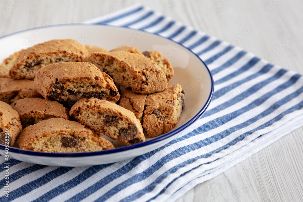 Chocolate Cantuccini on a Plate, side view.