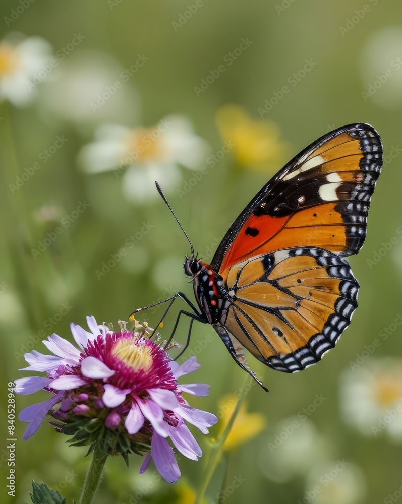 Naklejka premium A close-up of a colorful butterfly perched on a wildflower in a lush meadow, with soft focus on the background