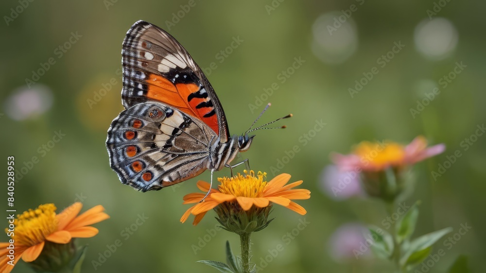 A close-up of a colorful butterfly perched on a wildflower in a lush meadow, with soft focus on the background A close-up of a colorful butterfly perched on a wildflower in a lush meadow, with soft focus on the background