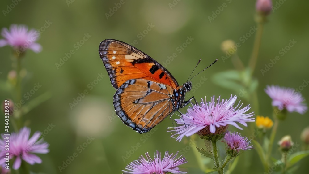 A close-up of a colorful butterfly perched on a wildflower in a lush meadow, with soft focus on the background A close-up of a colorful butterfly perched on a wildflower in a lush meadow, with soft focus on the background