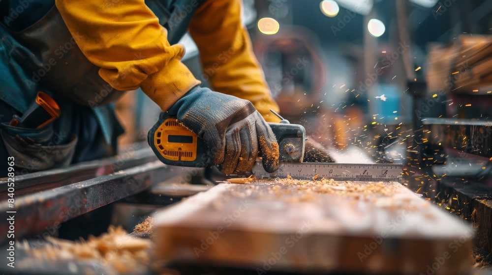 A carpenter uses a power tool to precisely cut a piece of wood in a busy workshop, sawdust flying in the air A carpenter uses a power tool to precisely cut a piece of wood in a busy workshop, sawdust flying in the air