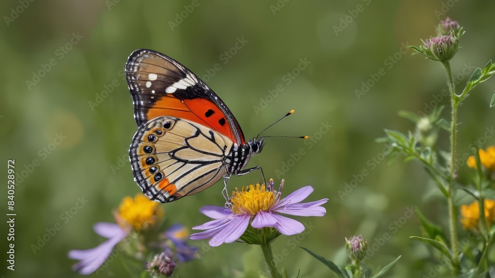 Naklejka premium A close-up of a colorful butterfly perched on a wildflower in a lush meadow, with soft focus on the background
