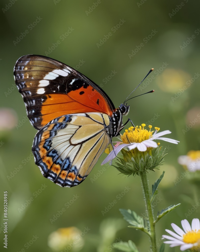 A close-up of a colorful butterfly perched on a wildflower in a lush meadow, with soft focus on the background A close-up of a colorful butterfly perched on a wildflower in a lush meadow, with soft focus on the background