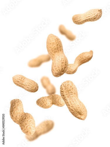 Unpeeled peanuts in air on white background