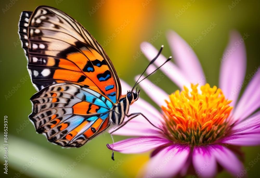 Obraz premium macro shot butterfly perched wildflower petal, insect, bloom, nature, wildlife, colorful, beautiful, delicate, small, flora, fauna, outdoor, garden, vibrant