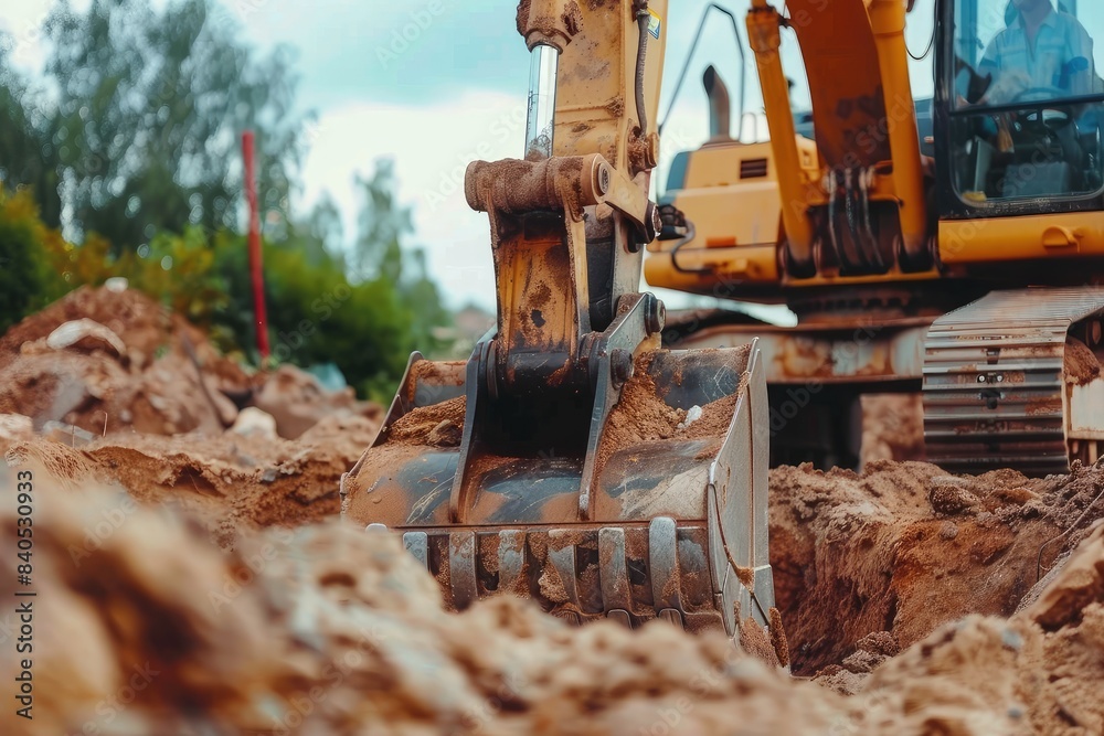 Fototapeta premium Close-up of excavator at construction site. Backhoe digging soil for earthwork and construction business. Excavating machine at work. Heavy machinery for earth moving and construction site development