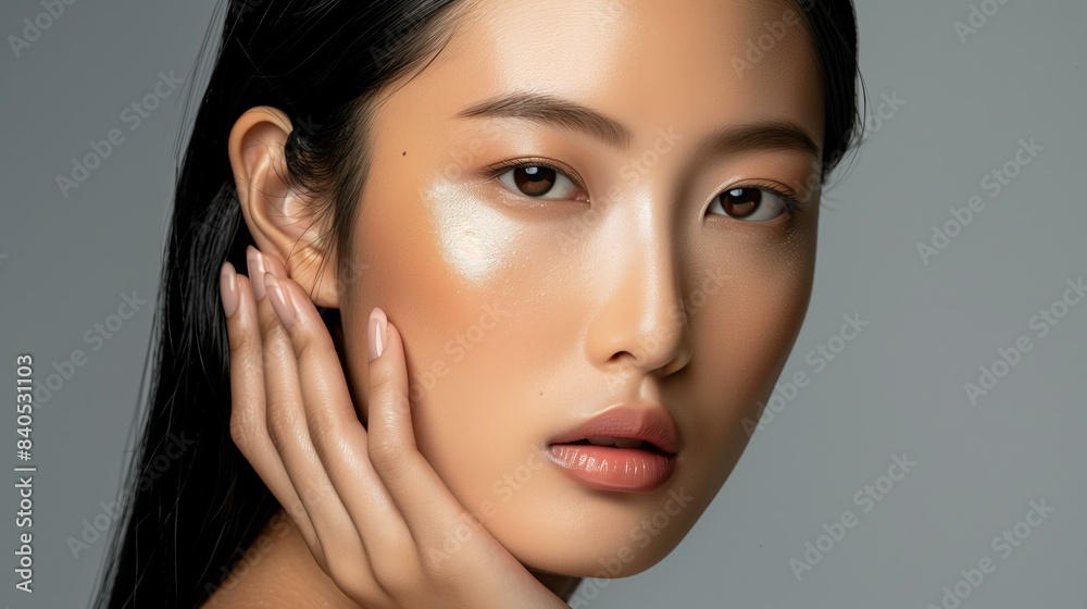 Asian woman gently touching her face, glowing skin, with sleek straight black hair, wearing light foundation and neutral lipstick, soft gray background Asian woman gently touching her face, glowing skin, with sleek straight black hair, wearing light foundation and neutral lipstick, soft gray background