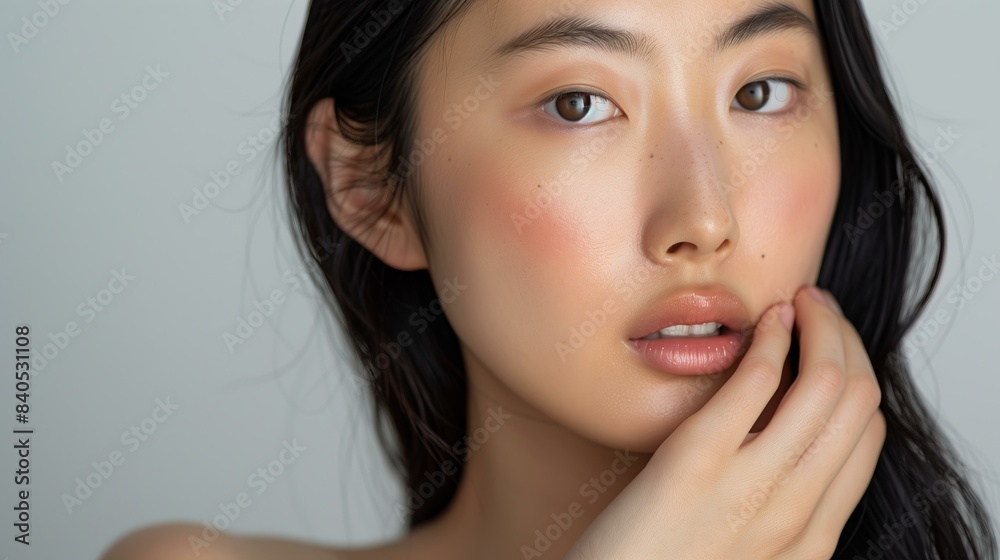Asian woman gently touching her face, glowing skin, with sleek straight black hair, wearing light foundation and neutral lipstick, soft gray background Asian woman gently touching her face, glowing skin, with sleek straight black hair, wearing light foundation and neutral lipstick, soft gray background