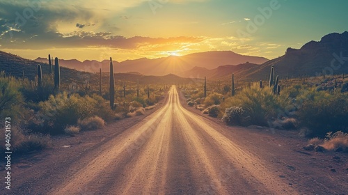 Sandy road through the desert with cacti photo