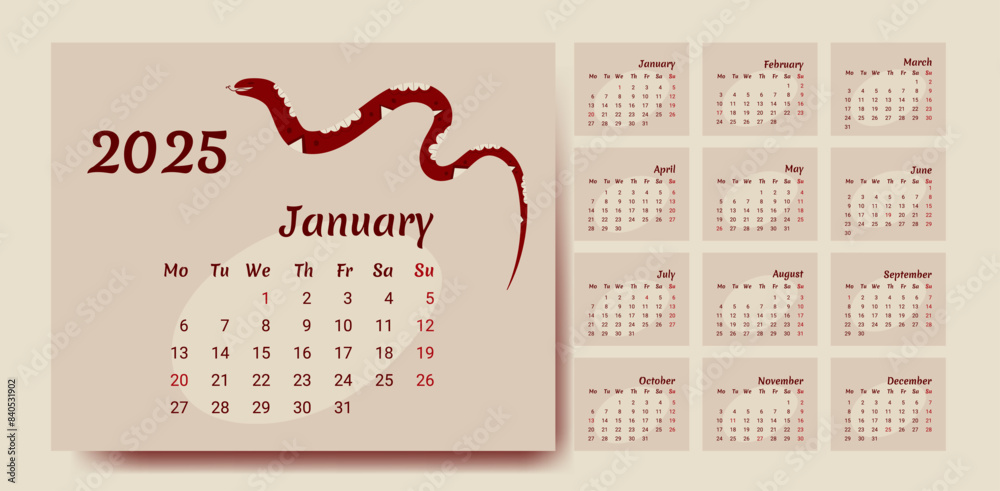 The desktop calendar of 2025.The snake calendar for 2025. 12 months of