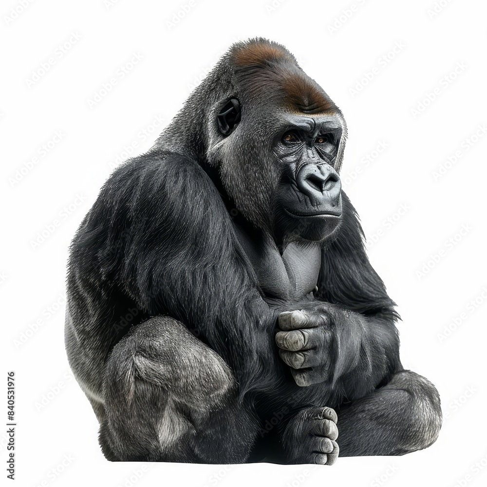 Fototapeta premium Majestic gorilla sitting in a thoughtful pose on a white background, showcasing its strength and grace.