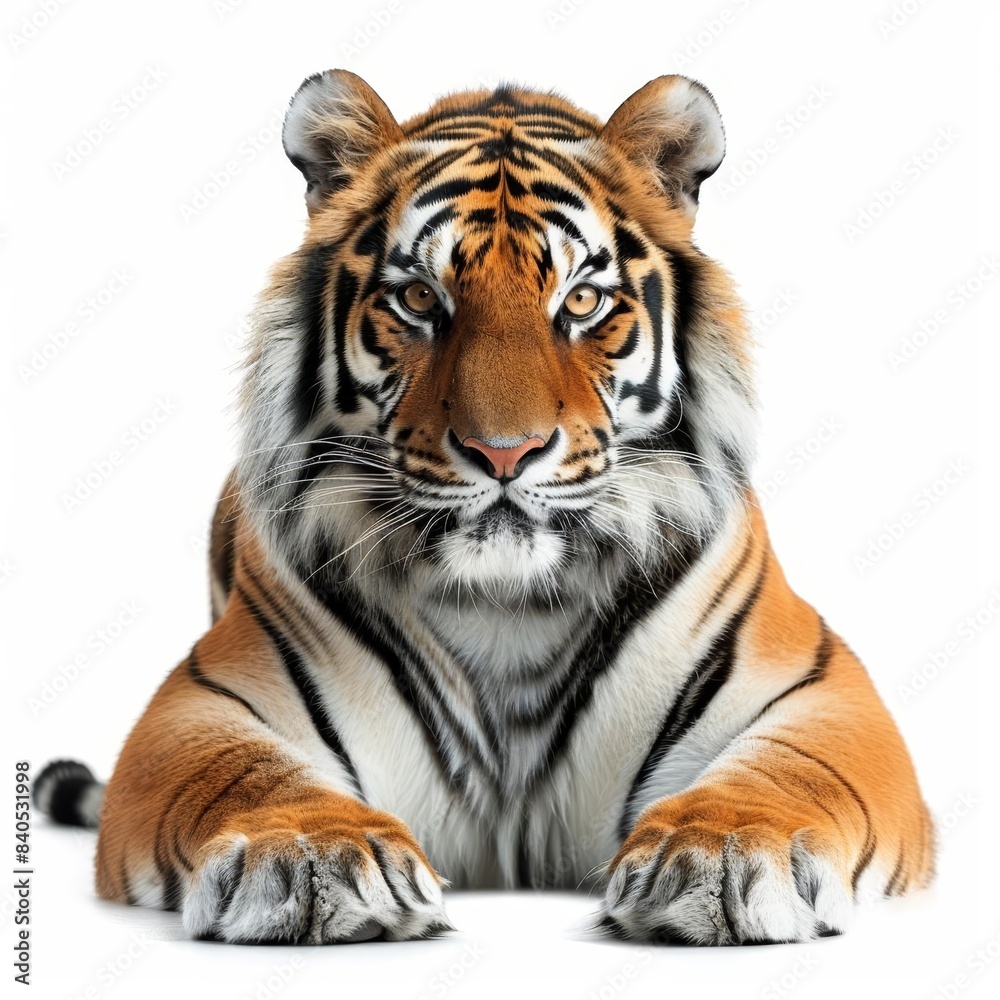 Majestic tiger with piercing eyes, captured in a poised stance on a white background, showcasing its striking orange and black stripes. Majestic tiger with piercing eyes, captured in a poised stance on a white background, showcasing its striking orange and black stripes.