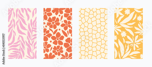 Abstract shapes and botanical elements boho wall decor. Minimalist and natural wall art. Modern art print collection vector illustration. Organic doodle shapes in trendy retro style.