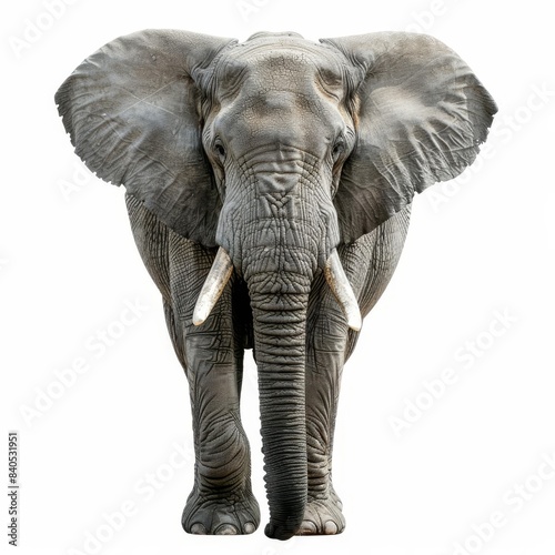 Majestic elephant standing front view with large ears, tusks, and wrinkled skin on a white background, showcasing nature and wildlife beauty.