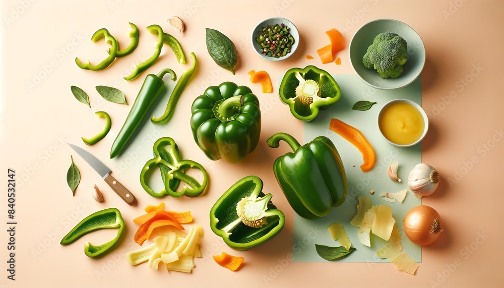 A flat lay composition of whole bell peppers with their green leaves A flat lay composition of whole bell peppers with their green leaves