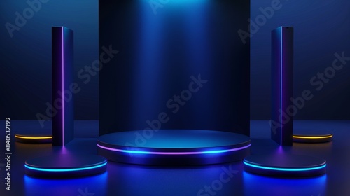 3D phone presentation using futuristic podiums, holograms, portals, and neon lit stages with neon lamps. Realistic 3D mobile phone mockup for UI, UX, and apps. Modern 3D set.