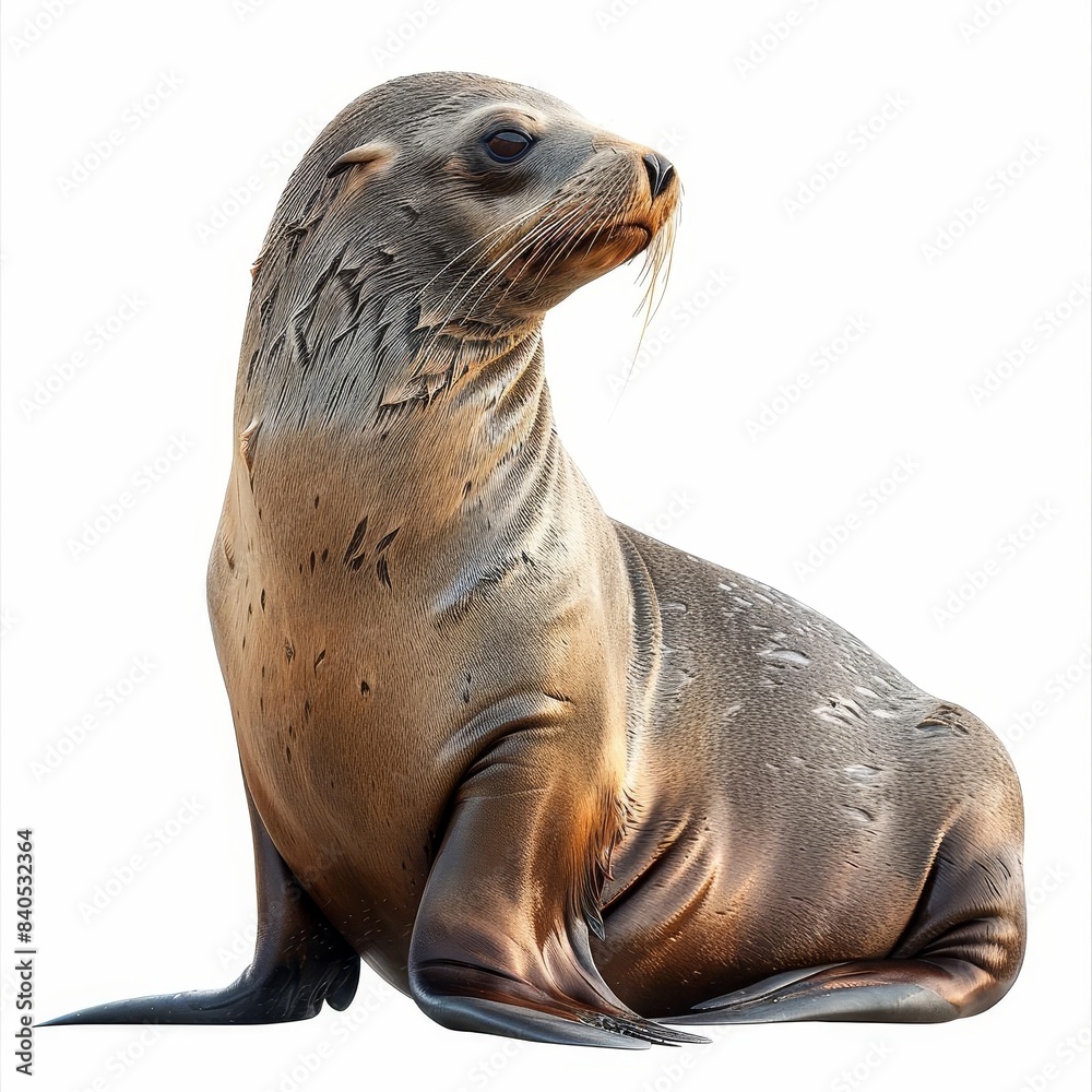 Naklejka premium A close-up photo of a lone sea lion sitting against a white background, showcasing its smooth fur and natural details.