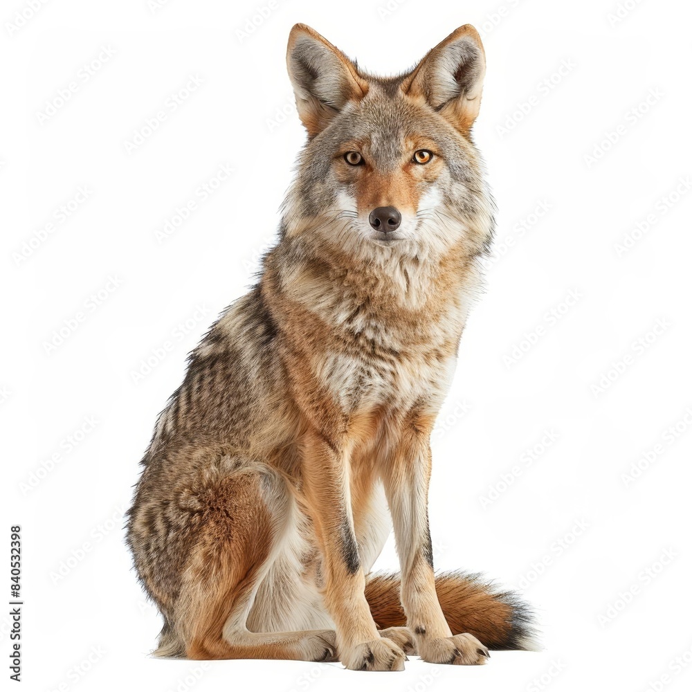 A majestic coyote sitting upright against a white background, showcasing its beautiful fur and alert expression. A majestic coyote sitting upright against a white background, showcasing its beautiful fur and alert expression.