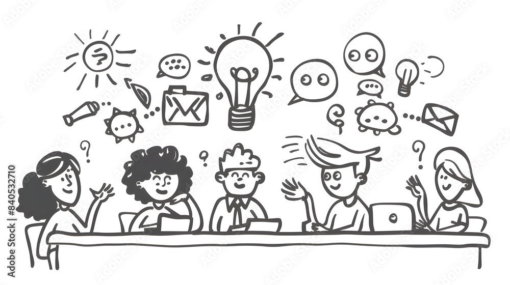 Diverse business team discussing strategies and brainstorming ideas around a table in a doodle line Diverse business team discussing strategies and brainstorming ideas around a table in a doodle line