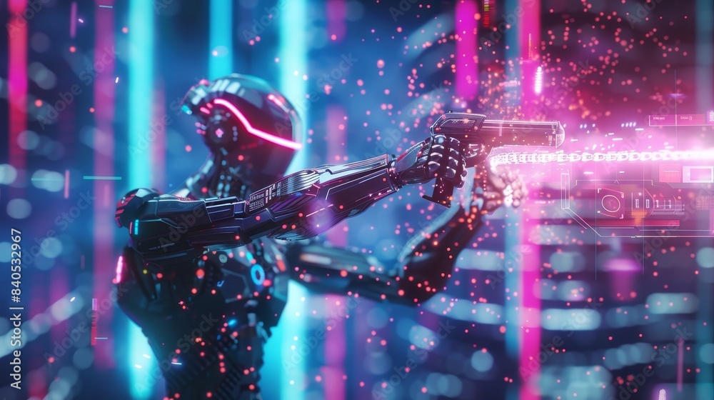 In the abstract sci-fi futuristic video game, cyborg shoots gun. Robot woman with AI runs and shoots laser or blaster. Cyborg shootout, fight. Headshot. Rise of robots. In the abstract sci-fi futuristic video game, cyborg shoots gun. Robot woman with AI runs and shoots laser or blaster. Cyborg shootout, fight. Headshot. Rise of robots.