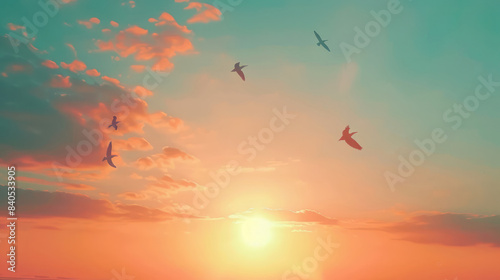 orange and green tone sunset cloudy blue sky and birds