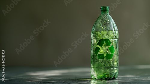 A green bottle with a recycling symbol on it