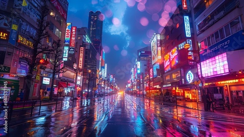 Japan city street at night. neon lights and billboards 