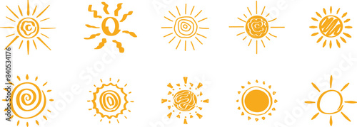 Hand drawn doodle sun sketch illustration pack. Children drawn style. Vector illustration.