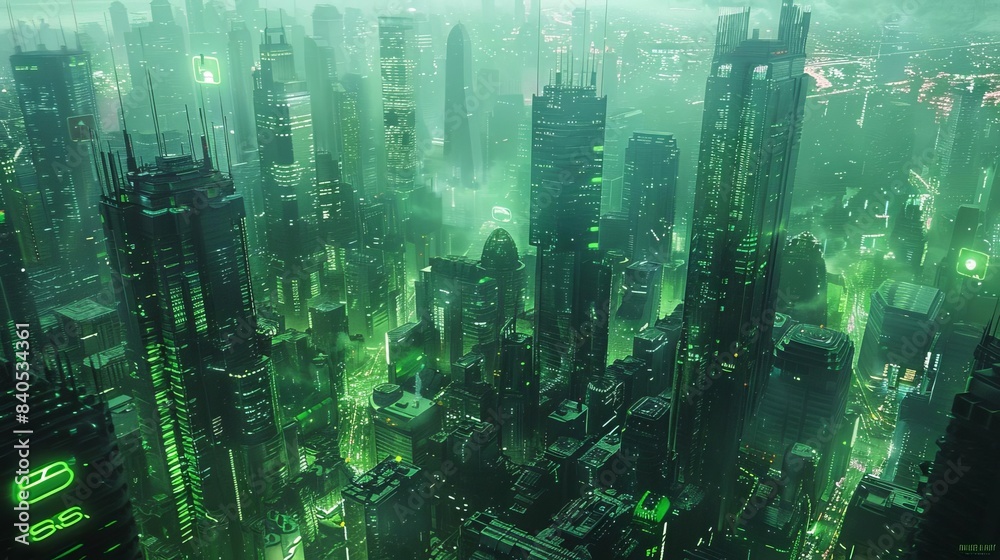 An aerial view of a futuristic city with holographic air quality indicators and green skyscrapers