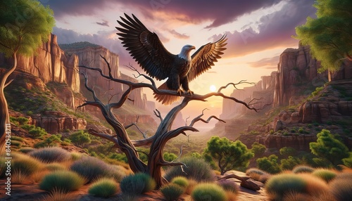 Eagle 16 with outstretched wings sits on top of a dry tree in the desert on a background of mountains in the evening during sunset photo