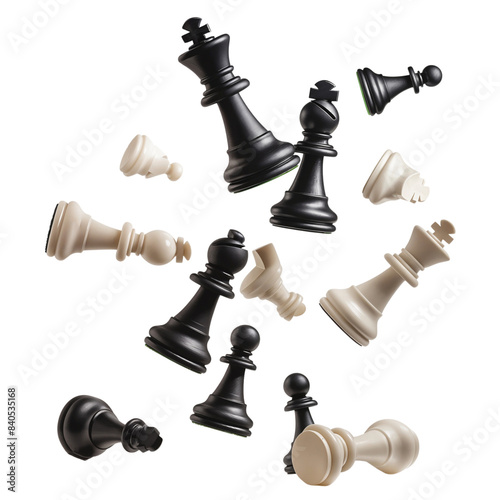 Falling chess pieces on the board isolated on transparent background photo