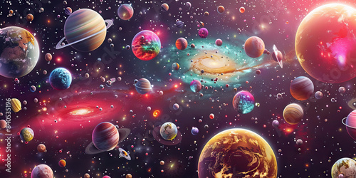 Discount Galaxy: Abstract galaxy with planets and stars made of discount stickers and sale banners. photo