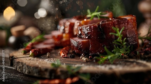 Gourmet smoked barbecue meat slices garnished with fresh herbs on a rustic wooden board, perfect for culinary presentations.